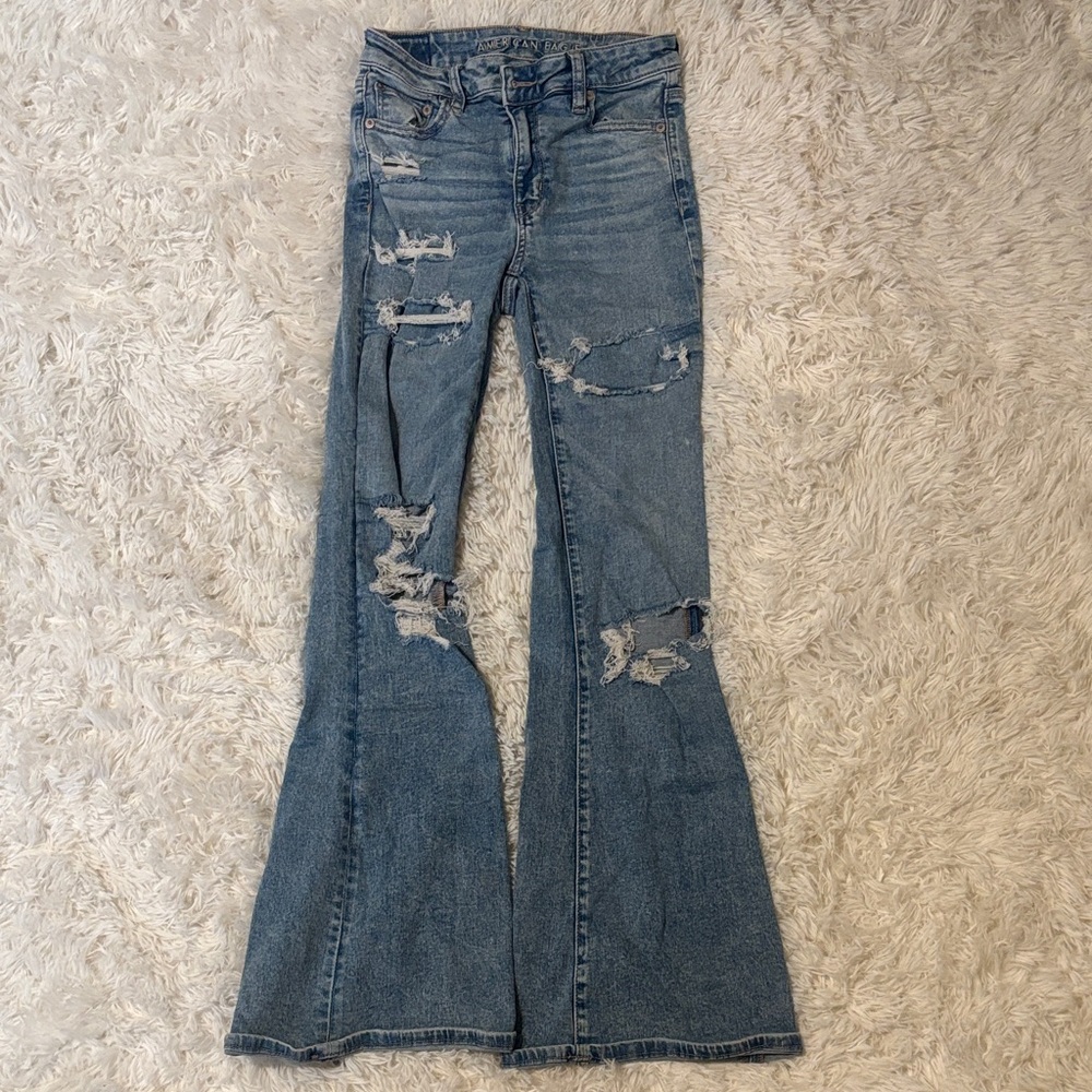 American Eagle Outfitters Light Blue Distressed Flare Jeans